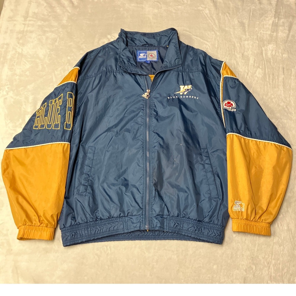 Vintage 90s Starter Winnipeg Blue Bombers CFL Windbreaker Jacket Blue Gold Sz XL